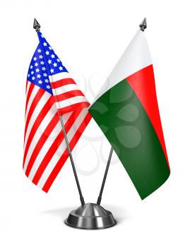 USA and Madagascar - Miniature Flags Isolated on White Background.