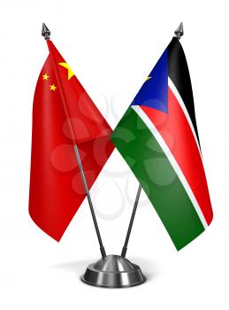 China and South Sudan - Miniature Flags Isolated on White Background.