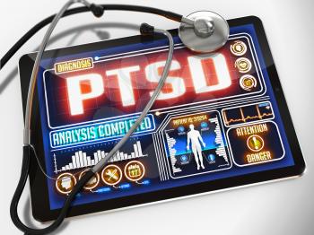 PTSD - Diagnosis on the Display of Medical Tablet and a Black Stethoscope on White Background.