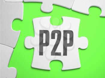 P2P - Peer to Peer - Jigsaw Puzzle with Missing Pieces. Bright Green Background. Close-up. 3d Illustration.