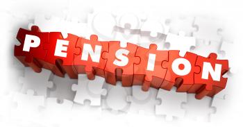 Pension - White Word on Red Puzzles on White Background. 3D Render. 