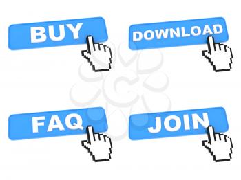 E-Commerce Concept. Blue Web Buttons with Hand Cursor Isolated on White Background.