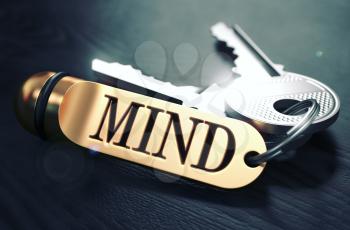 Keys and Golden Keyring with the Word Mind over Black Wooden Table with Blur Effect. Toned Image.