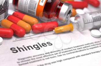 Shingles - Printed Diagnosis with Red Pills, Injections and Syringe. Medical Concept with Selective Focus.