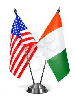 USA and Ivory Coast - Miniature Flags Isolated on White Background.
