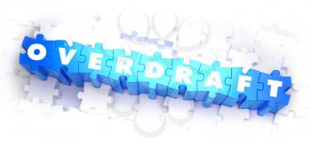 Overdraft - Text on Blue Puzzles on White Background. 3D Render. 