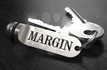 Margin Concept. Keys with Keyring on Black Wooden Table. Closeup View, Selective Focus, 3D Render. Black and White Image.