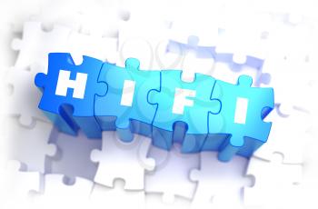 HiFi - High Fidelity - White Word on Blue Puzzles on White Background. 3D Illustration.