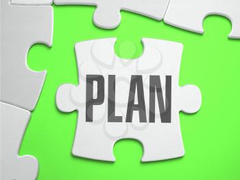 Plan - Jigsaw Puzzle with Missing Pieces. Bright Green Background. Close-up. 3d Illustration.