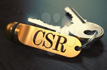 CSR - Certificate Signing Request - Bunch of Keys with Text on Golden Keychain. Black Wooden Background. Closeup View with Selective Focus. 3D Illustration. Toned Image.