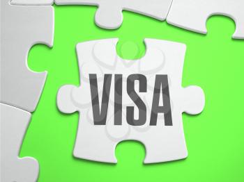 Visa - Jigsaw Puzzle with Missing Pieces. Bright Green Background. Close-up. 3d Illustration.