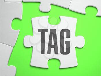 Tag - Jigsaw Puzzle with Missing Pieces. Bright Green Background. Close-up. 3d Illustration.