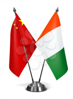 China and Ivory Coast - Miniature Flags Isolated on White Background.