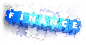 Finance - White Word on Blue Puzzles on White Background. 3D Illustration.