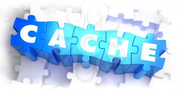 Cache - White Word on Blue Puzzles on White Background. 3D Illustration.