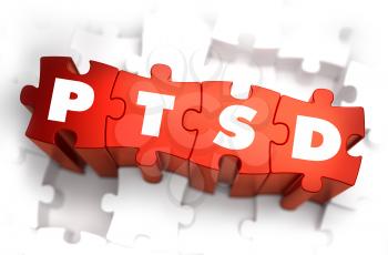 PTSD - Post Traumatic Stress Disorder - White Word on Red Puzzles on White Background. 3D Render. 