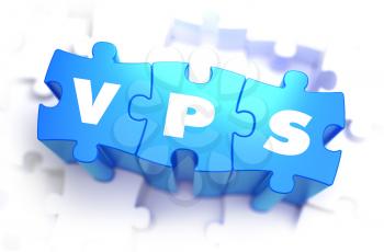 VPS - Virtual Private Server - White Word on Blue Puzzles on White Background. 3D Illustration.