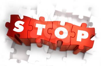 Stop - Text on Red Puzzles with White Background. 3D Render. 