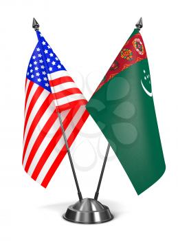 USA and Turkmenistan - Miniature Flags Isolated on White Background.