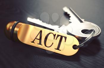 Act Concept. Keys with Golden Keyring on Black Wooden Table. Closeup View, Selective Focus, 3D Render. Toned Image.