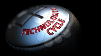 Technological Cycle - Red Text on Car's Shift Knob on Black Background. Close Up View. Selective Focus.