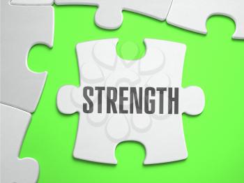 Strength - Jigsaw Puzzle with Missing Pieces. Bright Green Background. Close-up. 3d Illustration.