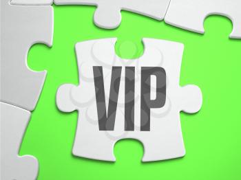 VIP - Very Important Person - Jigsaw Puzzle with Missing Pieces. Bright Green Background. Close-up. 3d Illustration.