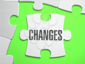 Change  - Jigsaw Puzzle with Missing Pieces. Bright Green Background. Close-up. 3d Illustration.