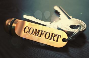 Comfort - Bunch of Keys with Text on Golden Keychain. Black Wooden Background. Closeup View with Selective Focus. 3D Illustration. Toned Image.