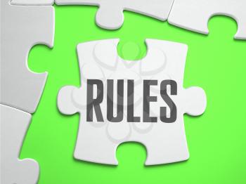 Rules - Jigsaw Puzzle with Missing Pieces. Bright Green Background. Close-up. 3d Illustration.