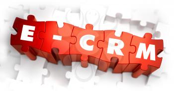 Word - E-CRM - E- Customer Relationship Management - on Red Puzzle on White Background. Selective Focus. 