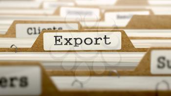 Export Concept. Word on Folder Register of Card Index. Selective Focus.