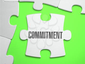 Commitment - Jigsaw Puzzle with Missing Pieces. Bright Green Background. Close-up. 3d Illustration.