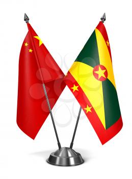 China and Grenada - Miniature Flags Isolated on White Background.