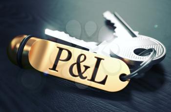 Profit and Loss - Bunch of Keys with Text on Golden Keychain. Black Wooden Background. Closeup View with Selective Focus. 3D Illustration. Toned Image.