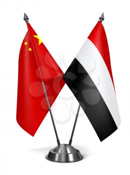 China and Yemen - Miniature Flags Isolated on White Background.
