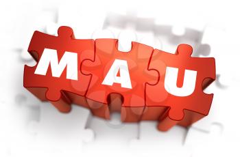 Word - MAU -Monthly Active Users - on Red Puzzles with White Background. 3D Render.