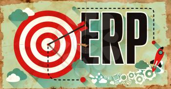 ERP Concept on Old Poster in Flat Design with Red Target, Rocket and Arrow. Business Concept.