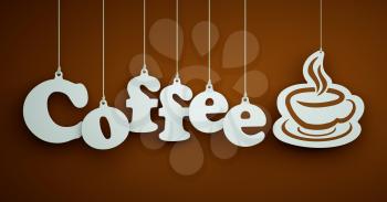 Coffee - the word of the white letters and stencil of cup hanging on the ropes on a brown background.