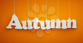 Autumn - the Word of the White Letters Hanging on the Ropes on a Orange Background.