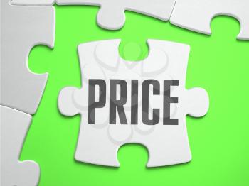 PRICE - Jigsaw Puzzle with Missing Pieces. Bright Green Background. Close-up. 3d Illustration.