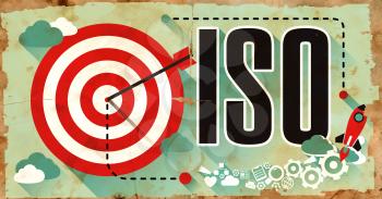 ISO -  International Organization Standardization - Concept on Old Poster in Flat Design with Red Target, Rocket and Arrow. Business Concept.