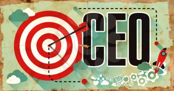 CEO Concept on Old Poster in Flat Design with Red Target, Rocket and Arrow. Business Concept.