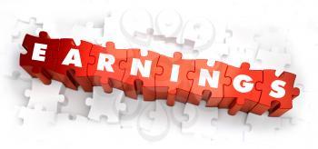 Earnings - Text on Red Puzzles with White Background. 3D Render. 