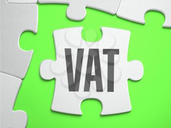 VAT - Value Added Tax - Jigsaw Puzzle with Missing Pieces. Bright Green Background. Close-up. 3d Illustration.