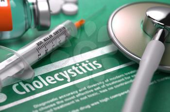 Cholecystitis - Medical Concept with Blurred Text, Stethoscope, Pills and Syringe on Green Background. Selective Focus.