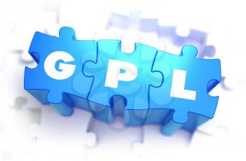 GPL - General Public License - White Word on Blue Puzzles on White Background. 3D Illustration.