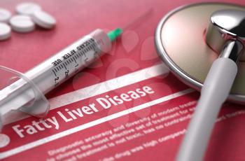 Fatty Liver Disease - Medical Concept on Red Background with Blurred Text and Composition of Pills, Syringe and Stethoscope.