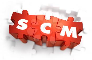 SCM - Supply Chain Management - Text on Red Puzzles with White Background. 3D Render. 