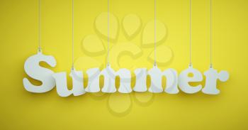 Summer - the Word of the White Letters Hanging on the Ropes on a Yellow Background.